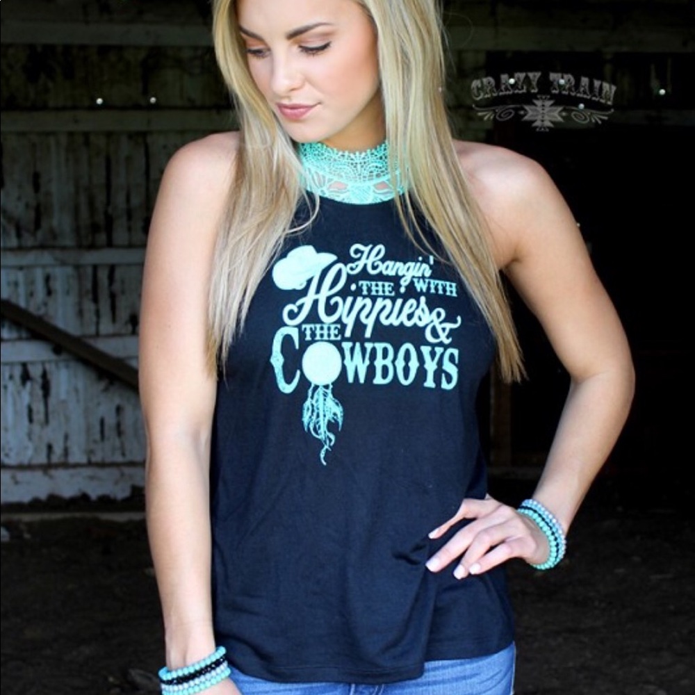 Crazy Train Hippies & Cowboys Black Tank